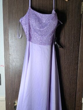 La Femme Lilac Beaded Spaghetti Strap Prom Dress